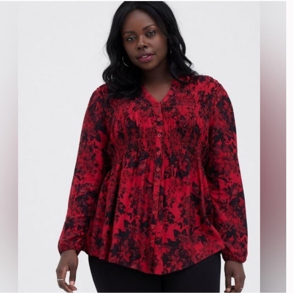 torrid Tops - Torrid Smocked Babydoll Tunic 2X Red Black Floral Button Front High Low Top